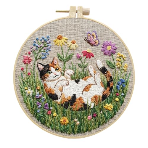 MULTIONS 3 Pack Embroidery Kit for Beginners,Cross Stich for Adults,Embroidery Starter Kits with Pattern,Hoop,Neeldes,Scissor(Cat and Butterfly) - color: cat