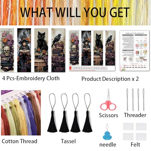 VIGEGU 4 Pack Gothic Style Cross Stitch Bookmark Kits for Adult Beginners - color: Gothic style Cross Stitch Bookmark
