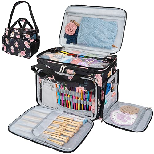 PAVILIA Knitting Yarn Storage Bag Crochet Knitter Organizer, Floral Black - color: Soft Rose
