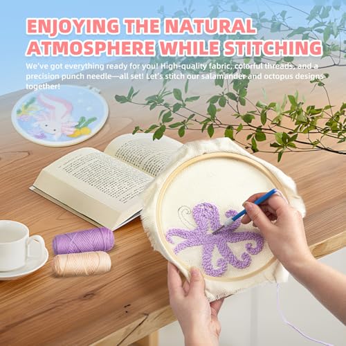 Punch Needle Kits Adults Beginner,Punch Needle kit for Beginners, Embroidery kit for Beginners,Includes All Tools and Materials,Easy to Follow Instructions and Videos-(Axolotl+Octopus)