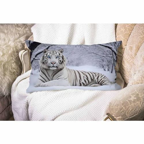 Smooffly Tiger Farmhouse Oblong Rectangle Throw Pillow Case White Siberian Tiger Cotton Linen Cushion Cover Sofa Armchair Bedroom Livingroom 12x20 Inch - color: Md005