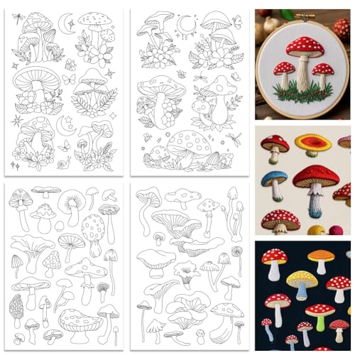 ORIGACH 4 Sheets Large Water Soluble Embroidery Patterns Stabilizers - Pre-Printed Mushroom, Moon, Star & Flower Hand Sewing Stabilizers- Stick & Stitch Embroidery Patterns for Hand Sewing Beginner - color: Mushroom Moon Star & Flower