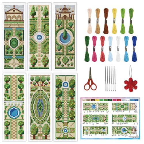 INFUNLY 6PCS DIY Garden Cross Stitch Bookmark Kits 3×8.5inch Fountain Stamped Embroidery Page Marker Kits Plant Needlepoint Bookmark Kit with Pre-Printed Pattern for Book Lovers Readers - style: Garden
