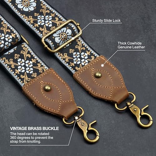 Nefelibata Banjo Strap,2"Wide Double Crazy Horse Leather Jacquard Embroidery Strap Adjustable Replacement,Multi-pattern Strap With Metal Clips - color: A#-retro White Flower