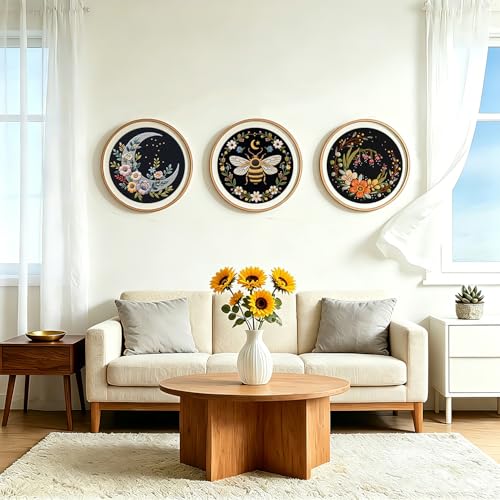 3Pack Embroidery Kits for Beginner Adult, Flower Moon Bee Pattern Hand Kit - color: Flower Bee Moon