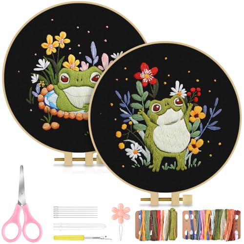 TINDTOP 2 Pack Embroidery Kit for Adult, Embroidery DIY Starter Kit, with Stamped Patterns, Hoop, Tools, Colorful Threads with Needles, Instructions (Frog) - color: Frog