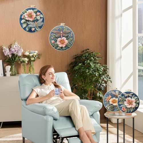 SCECALA 4 Pack Spring Floral Embroidery Kit - Blue Dragonfly Flower Hand Embroidery Kit for Beginners with Pattern, Complete Cross Stitch Supplies DIY Craft for Adults Sewing Hobby, 1pc Hoops - color: Blue Green