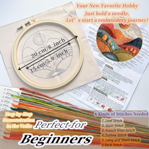 FONNUY Embroidery Kit for Beginners, Textured Vibrant Nature Landscape Pre-Stamped Pattern Kits for Adults with Hoop, Easy to Follow Color Thread Needlework, 8'' Hoop (Red 2) - color: Red 2