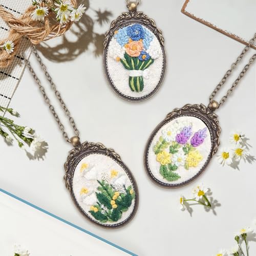 SUNNYCLUE DIY 3 Sets Embroidery Necklace Kits Embroidery Necklace Pendant with Paper Instructions Flower Pattern Cloth Thread Needle Hoops Mini Cross Stitch Kit for Beginner Starter Adult handmde Gift - style: Flower 4