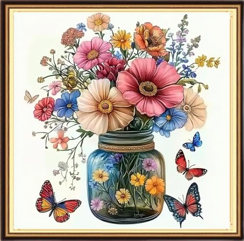 Redxing Counted Cross Stitch Kit for Beginners,Unprinted Needlepoint Kits for Beginners Cross Stitching Embroidery Kit 11CT Stitches kit-Vase Butterfly 18x18 inch - color: KitsColor17