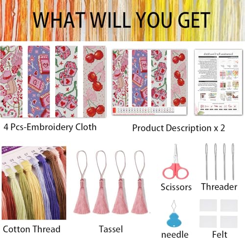 VIGEGU 4 Pack Coquette Pink Cross Stitch Bookmark Kits for Adult Beginners - color: Pink Coquette Cross Stitch Bookmark
