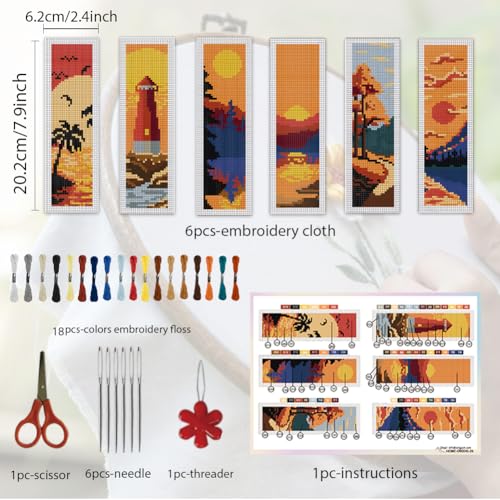 ORIGACH 6 Set Sunset Landscape Cross Stitch Bookmark Kit for Beginner - style: Landscapes