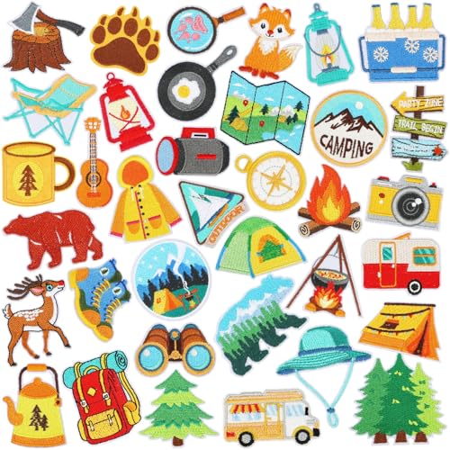 AUGSUN 36pcs Camping Iron on Patches Adventure Embroidered Sew Applique - style: Camping