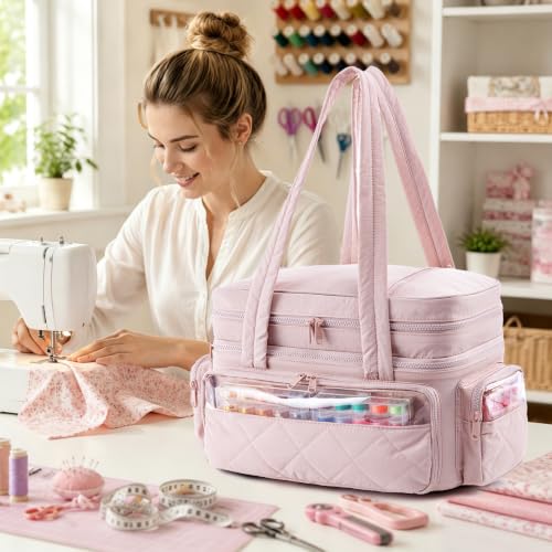 AMOIGEE Puffy Double-Layer Sewing Storage Bag with 2 Clear Organizer Boxes - color: Pink