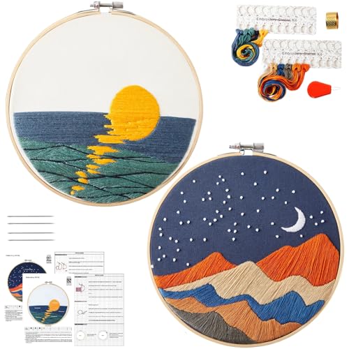 Armindou Hand Embroidery DIY Kits for Beginners Adults, Sea Sunrise Embroidery Set Needlepoint Kits, Stamped Cross Stitch Kits for Beginners Adults, 2 Embroidery Hoops, Fabric(Attached Video Tutorial) - color: Scenery, size: 8inch