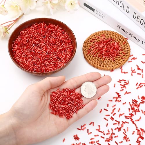 3000PC Red Glass Bugle Beads 6MM Red Tube Beads - color: red