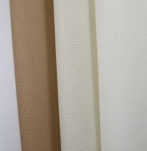 KCS 3 pc of 15" x 18"(38cmx45cm) Counted Cross Stitch Cotton Aida Cloth Needlework Rolled Fabric Box,14CT,Antique White +Cream+Khaki - color: Antique White +Cream+khaki, size: 14CT
