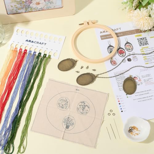 SUNNYCLUE DIY 3 Sets Embroidery Necklace Kits Mini Cross Stitch Kit with Hoop Paper Instructions Embroidery Flower Pattern Pendant Necklaces for Jewelry Making Supplies Adult Beginners Starter Crafts - style: Flower 1
