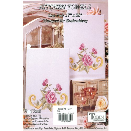 Floral Scroll Stamped for Embroidery Kitchen Towels Kit - Set/2