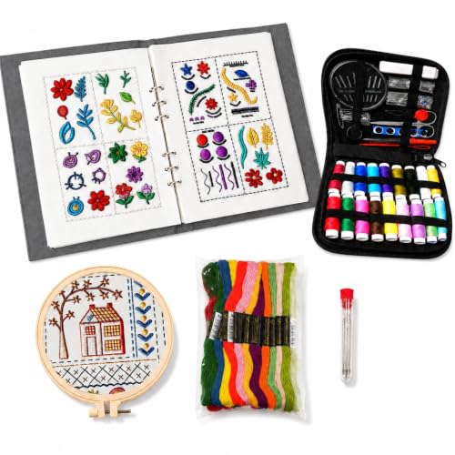 Embroidery Kit for Beginners, 138-Pattern Embroidery Stitch Book with Hoop & 89-Piece Tool Set, Portable Loose-Leaf Hand Embroidery Starter Kit for Adults & Teens, Home, Travel and Craft Classes