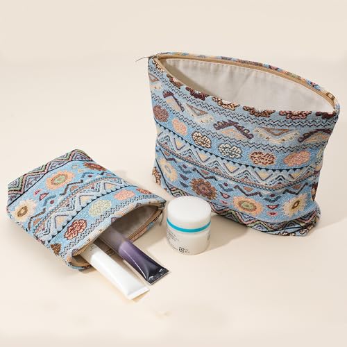 Bohemian Makeup Bag Set Folk Style Cosmetic Bags Blue for Women - color: Bohemian Blue