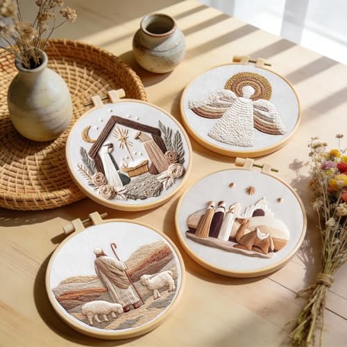 Santune Christian Embroidery kit,Nativity Scene Needlepoint Cross Stitch Kits for Beginners Adult,Needle Point Sets,4 Embroidery,2 Hoops,Christmas Ornaments - color: Christian Series