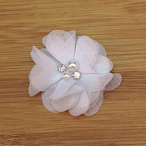 Chenkou Craft Pack of 12pcs Chiffon Flowers Ribbon Bows W/Beads 2-3/8" (60mm) Appliques Wedding Decor Bulk Lots (White) - color: White