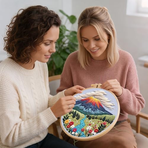 Embroidery Kit for Adults, Pre-Stamped Pattern Embroidery Kit for Beginners, DIY Hand Needlepoint Starter Kit with Hoop Thread Needle Instruction, 6.3'' Hoop (Nature Landscape 3 Packs) - style: Nature Landscape 3 Packs