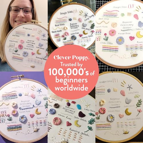 Clever Poppy Stitch Sampler Beginner Embroidery Kit – Easy Embroidery Kit for Beginners with Hoop, Thread & Patterns – Hand Embroidery Kit for Adults and Teens – Complete Embroidery Starter Kit