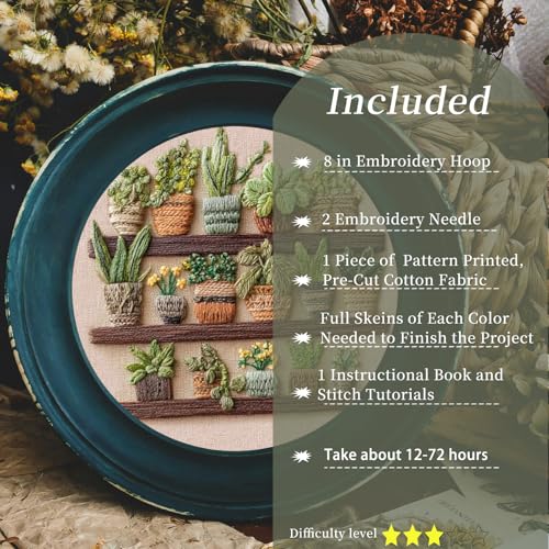 FONNUY Green Plant Embroidery Kit, Petite Potted Plants Patterns, Cross Stitch Kits for Adults and Beginners, Handmade Crafts with Printed Pattern Set, Thread Needlework, 8'' Hoop (Greeen A03) - color: Greeen A03