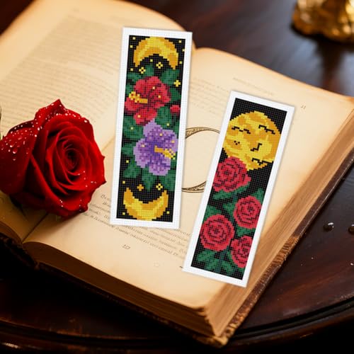 INFUNLY 6pcs Gothic Rose Cross Stitch Bookmark Kits for Adults Bat Skull DIY Cross Stitch Kit with Instructions Pre-Printed Moon Flowers Stamped Embroidery Bookmark Kit for Book Lovers Readers Gift - style: Gothic Rose