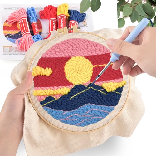 ERKOON Punch Needle Kit Adults Beginners, 2 Pcs DIY Easy Landscape Embroidery Set for Starter Art Craft, Needling Punching Project with Patterns, Tools, Yarns, Hoop, Instruction (Desert & Afterglow) - color: Desert & Afterglow