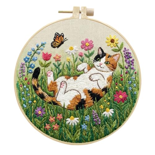 MULTIONS 3 Pack Embroidery Kit for Beginners,Cross Stich for Adults,Embroidery Starter Kits with Pattern,Hoop,Neeldes,Scissor(Cat and Butterfly) - color: cat