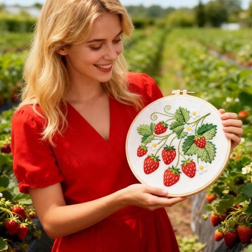 BEUNITONE 4 Set Strawberry Embroidery Kit for Adult Beginners 7.9"x7.9" DIY Stamped Needlepoint Kits with Pre-Printed Designs, Complete Handmade Embroidery Craft for Relaxing Hobby and Home Decor - style: B-Strawberry