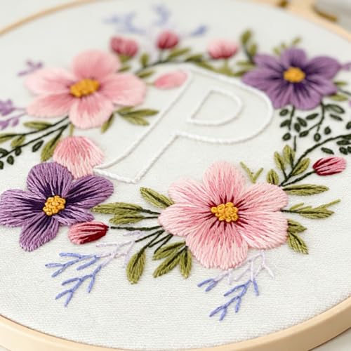 Zerzsy 7.87 '' Embroidery Kits Plant Flower Leaf English Letter Patterns for Beginners Adults, Easy to Learn Cross Stitch Kit for Home Office Decor - color: Letter P