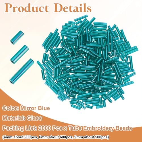 MECCANIXITY 2000pcs Glass Bugle Beads 4/6/9mm Long Tube Cylinder Beads - color: Mirror Blue