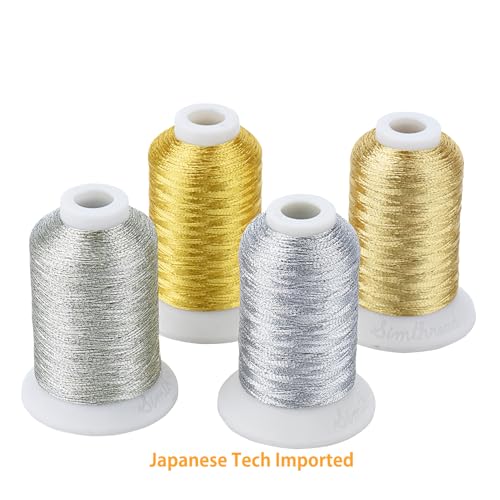Simthread 4 Spools (2 Gold+ 2 Silver Colors) Metallic Embroidery Machine Thread 500M(550Y) for Embroidery and Decorative Sewing - color: 2Gold+2Silver