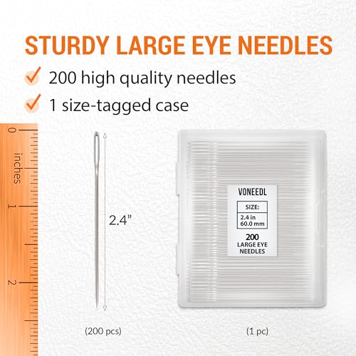 VONEEDL 200 PCS Large Eye Heavy Duty Sewing Needles - Bulk Set of 2.4 inch Big Eye Embroidery Needles - Easy to Thread Quilting Needles - size: 200 Needles