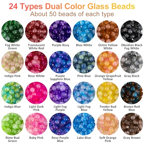 XSEINO About 1200+ PCS 6mm Double Colors Style Glass Beads Bracelet Making Kit,24 Assorted Double Colors Series Crystal Beads for Jewelry Making and DIY Crafts, Friendship Bracelets - color: Double Color Glass Beads