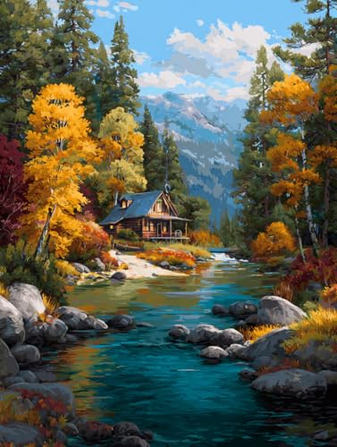 14CT Counted Cross Stitch Kits for Adults Advanced Mountains Lake Printed Stamped Cross Stitch Kits for Adults (Mountain Lake 1) - color: Mountain lake 1