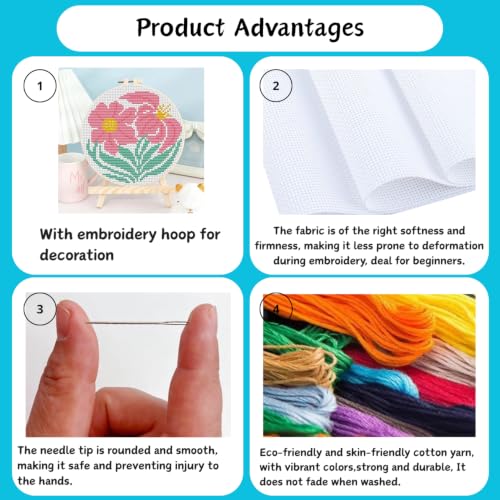3 Pack Flower Stamped Cross Stitch Kits for Beginners,with Hoop 6x6 inch - color: Abstract Flowers-2607