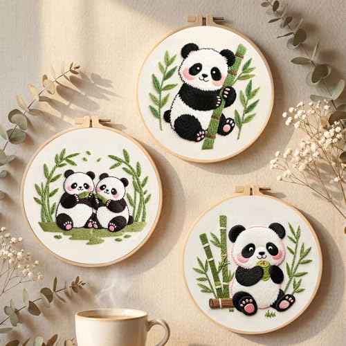 Santune Beginners Embroidery Kit for Adult Needlepoint Cross Stitch Kits Needle Point Sets with Panda Embroidery Patterns, Includes Step-By-Step Instructions and Accessories - color: Panda Series