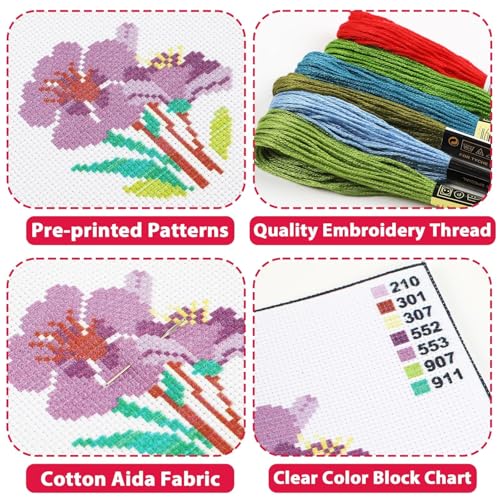 ZOIIWA 6 Pcs Flower Cross Kit for Beginner Flower DIY Embroidery Kit