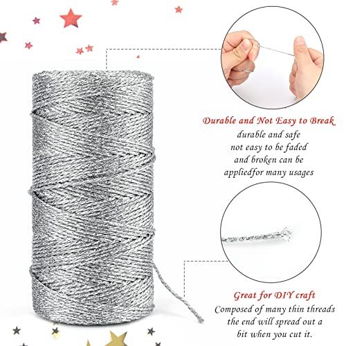 jijAcraft 328 Feet Silver String Twine - 1.5mm Metallic Ornament Thread Gift Wrapping - Inelastic Macrame Glitter Gold Cord for Gift Wrapping, DIY Crafts, Bracelets - color: Silver, size: 328 Feet