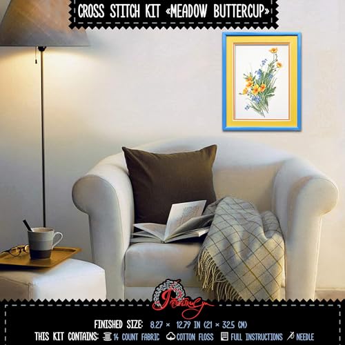 Povitrulya Meadow Buttercup Counted Cross Stitch Kit - Wildflower Art - color: Meadow Buttercup