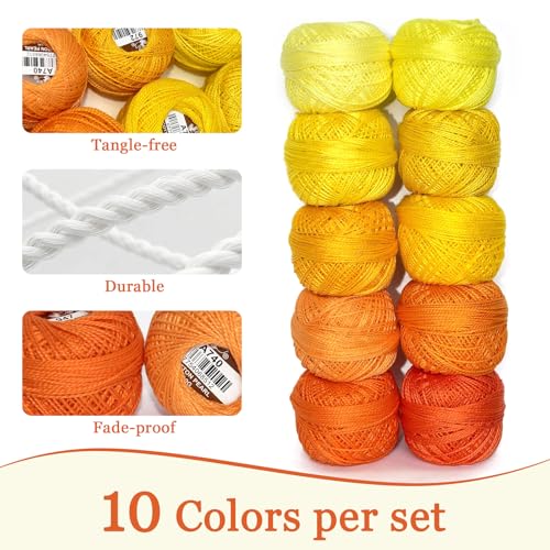 Double Mercerized Egyptian Long Staple Cotton Pearl Thread Ball 10 Grams Rainbow Color Embroidery Thread 10 Colors per Box for Crochet Hardanger Cross Stitch Hand Embroidery,Orange Series - color: orange series