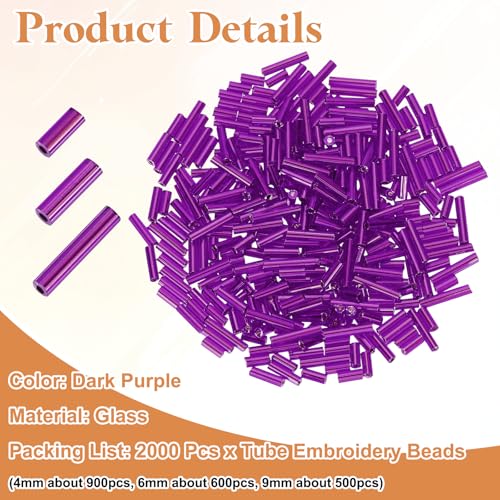 MECCANIXITY 2000pcs Glass Bugle Beads 4/6/9mm Long Tube Cylinder Beads - color: Dark Purple