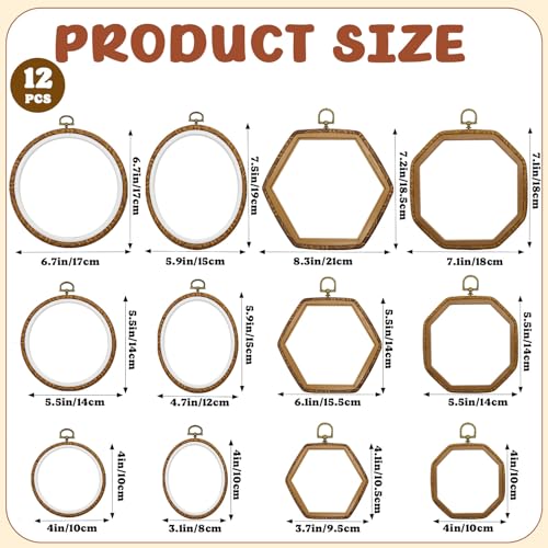 12Pcs Embroidery Hoop Frame, 12 Sizes Imitated Wood Cross Stitch Hoop, Round Oval Octagonal Embroidery Hoop for Cross Stitch, DIY Sewing Craft, Hanging Ornaments Decor, 5 Shape