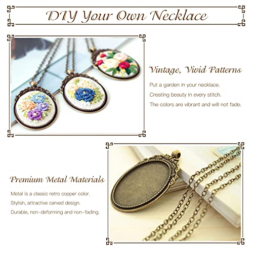 ZOCONE 3 Packs Embroidery Necklace Kit, Embroidery Pendant Kits Mini Cross Stitch Kit with Hoop, Necklace, Pendant, Beads, Stamped Pattern Cloth, Instructions, etc., Embroidery Kits for Adults - color: Gold Beads-G