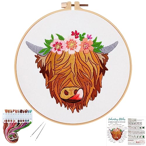 Louise Maelys Highland Cow Stamped Embroidery Kit Floral DIY Craft - color: kit-17
